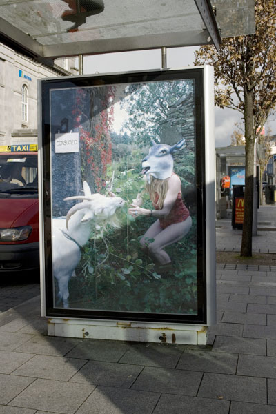 Fiona Woods: Common?, public work made for situation within the existing visual economy of the city, bike and bus Shelters, Eyre Square and Spanish Arch; courtesy the artist / Tulca