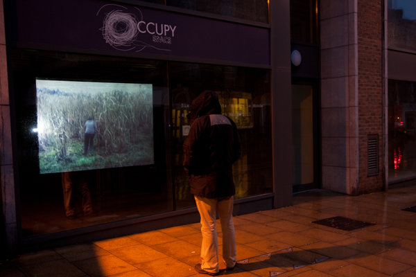 Night-time projection of James Merrigan's Before the Cut (2008), 2.6 seconds, looped film; courtesy Six Memos