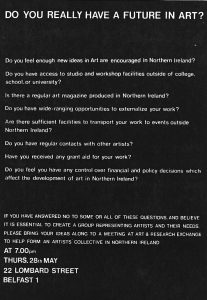 Poster circulated in May 1981 by Art and Research Exchange ahead of the meeting from which the Artists' Collective of Northern Ireland was formed.