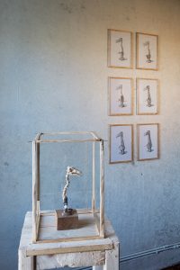 Peter Nash, Alternative Anatomies, 2017, 6 drawings, indian ink on paper / Tentative Steps, 2017, pine, thread, clockwork motor, toy parts, copper wire. Photography Jed Niezgoda, venividiphoto.net