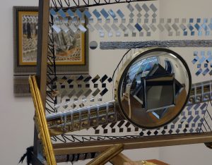 David Lunney, Chrome Dreams, 2018, Framing, ArtGlass, various mirrors (novelty convex mirror, vanity mirrors, self-adhesive acrylic mirrors), chrome pole, reflective ribbon, camera bolt, fixings, wood, 52cm x 55cm x 69cm, Photo courtesy the artist.