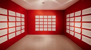 Installation view, I Am, 75 text plaques, 29.7 x 42cm each. Installation image by Ros Kavanagh.
