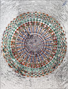 Monir Shahroudy Farmanfarmaian, Sunrise, 2015, Mirror and reverse-glass painting on plaster and wood, 130 x 100 cm 110 cm diameter. Private Collection, United Arab Emirates. Courtesy of the artist and The Third Line, Dubai.