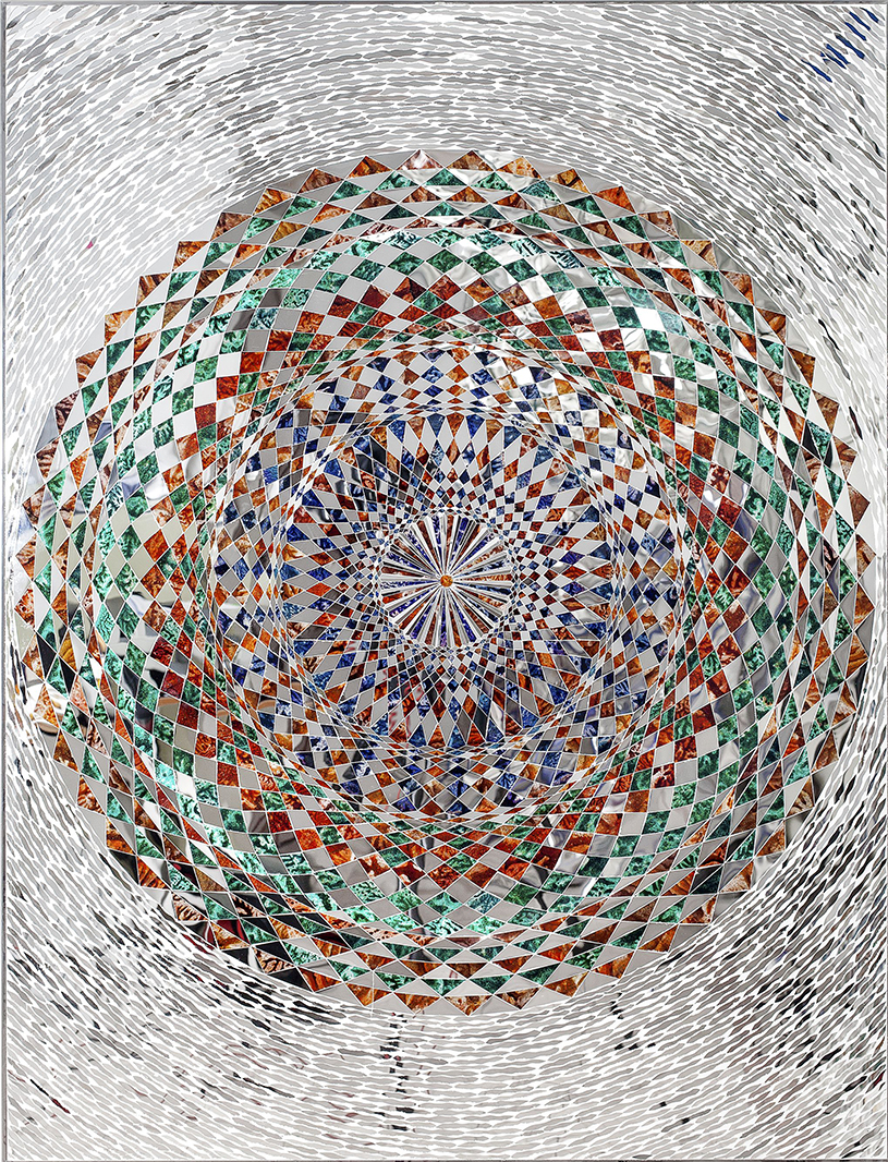 Monir Shahroudy Farmanfarmaian, Sunrise, 2015, Mirror and reverse-glass painting on plaster and wood, 130 x 100 cm 110 cm diameter. Private Collection, United Arab Emirates. Courtesy of the artist and The Third Line, Dubai.