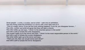 Liam Gillick, What is a mirror for?, 2018, matte black vinyl on wall, 300 x 740 cm. Image courtesy of the artist and Kerlin Gallery, Dublin.