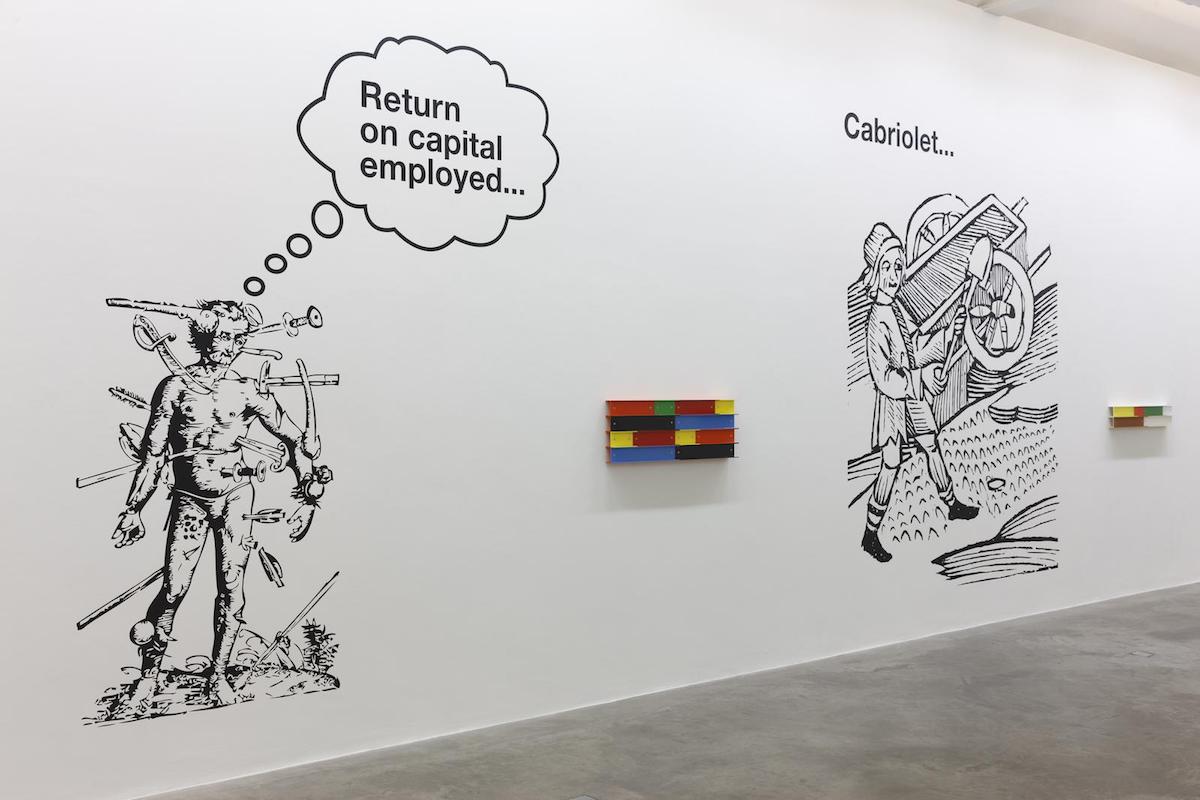 Liam Gillick, A Depicted Horse is not a Critique of a Horse, Installation view with Return on capital employed…, Liability Channelled and Neo-classical economics.... Image courtesy of the artist and Kerlin Gallery, Dublin.